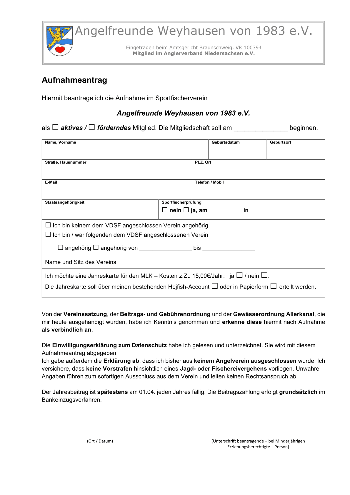 Aufnahmeantrag der Angelfreunde Weyhausen von 1983 e.V.