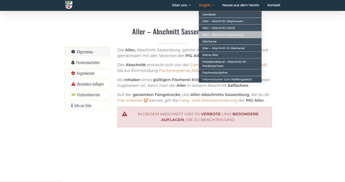 Screenshot - Unterseite "Aller - Abschnitt Sassenburg"